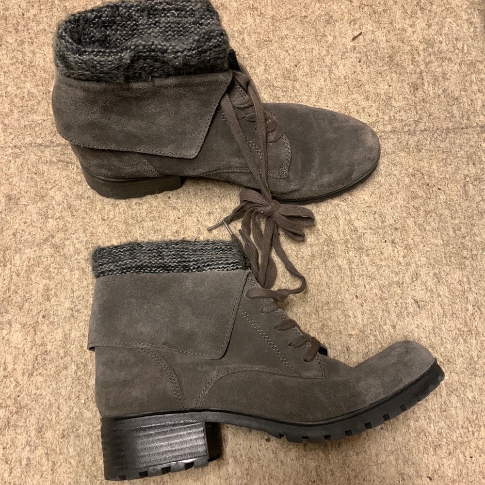 Lucky Brand Huntress Suede Lace Up Ankle Boots Knit Collar 9